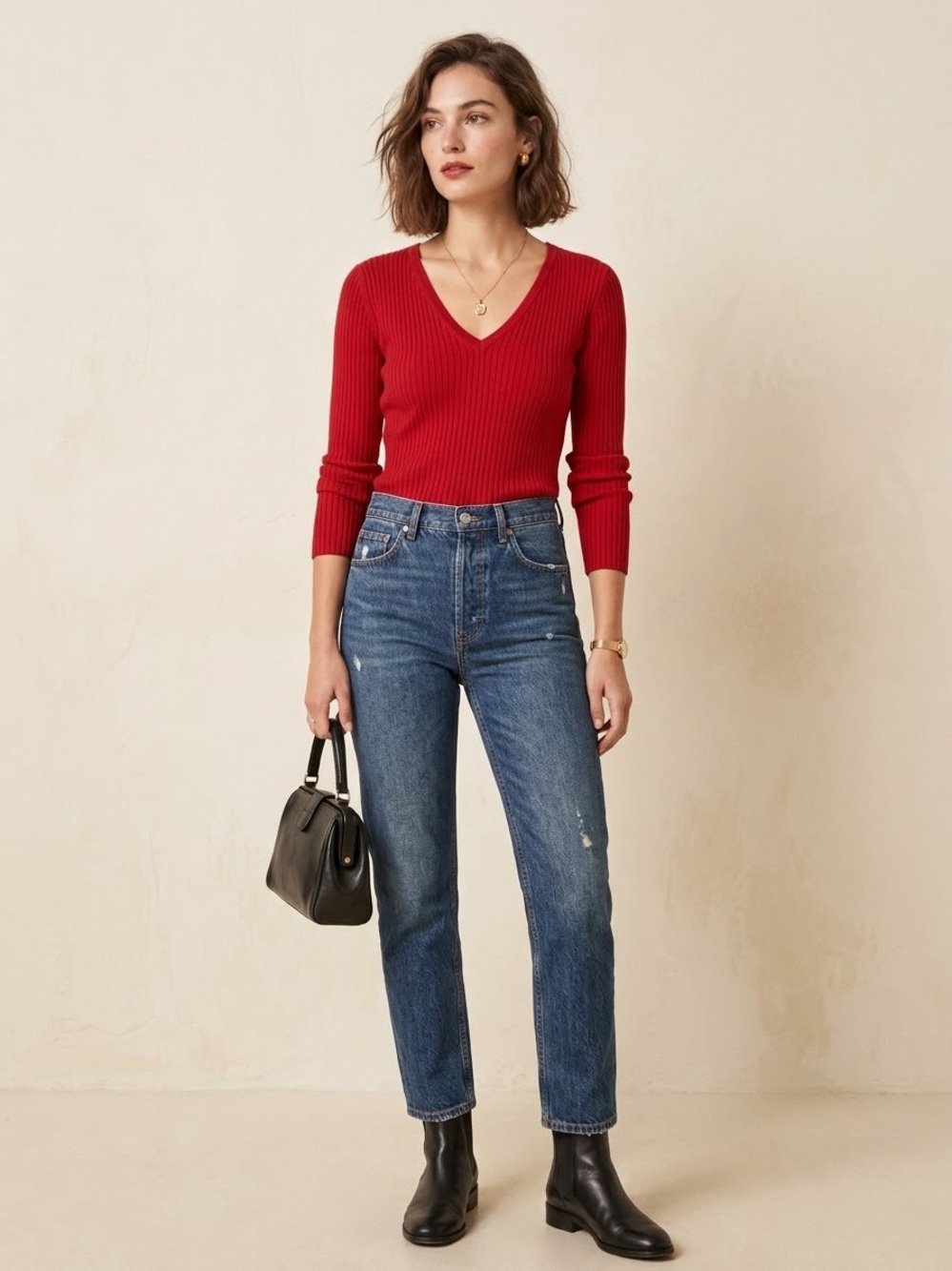 🔴 VINTAGE Ralph Lauren Green Plaid Tag Red Ribbed V-Neck Cotton Sweater M